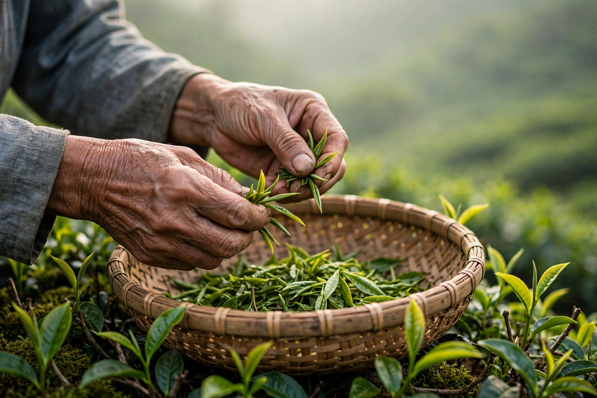 Bàn tay người nông dân hái búp chè tươi vào mẹt tre tại đồi chè Thái Nguyên
