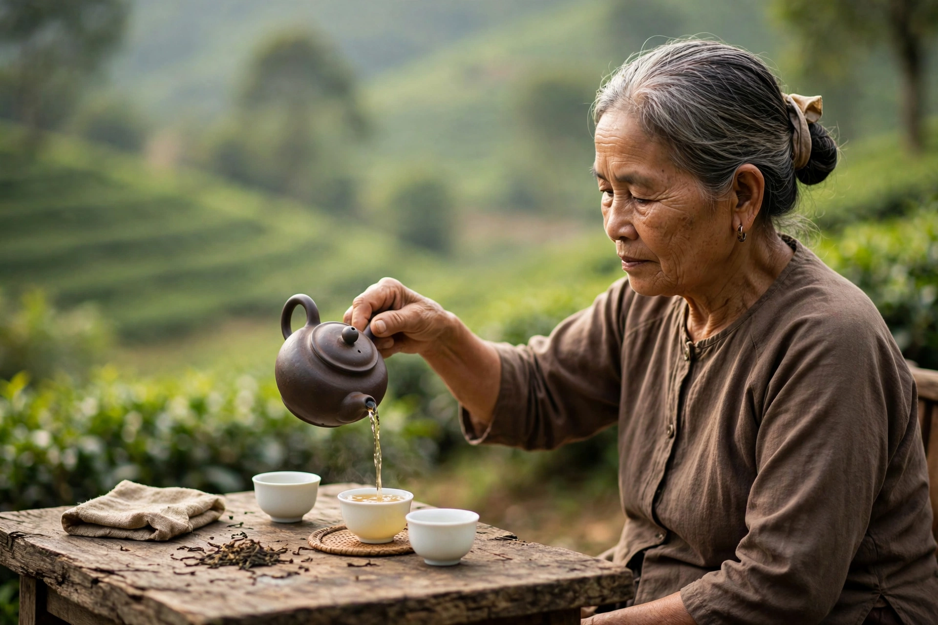 Người phụ nữ lớn tuổi rót chè từ ấm đất vào chén sứ giữa vườn chè Thái Nguyên