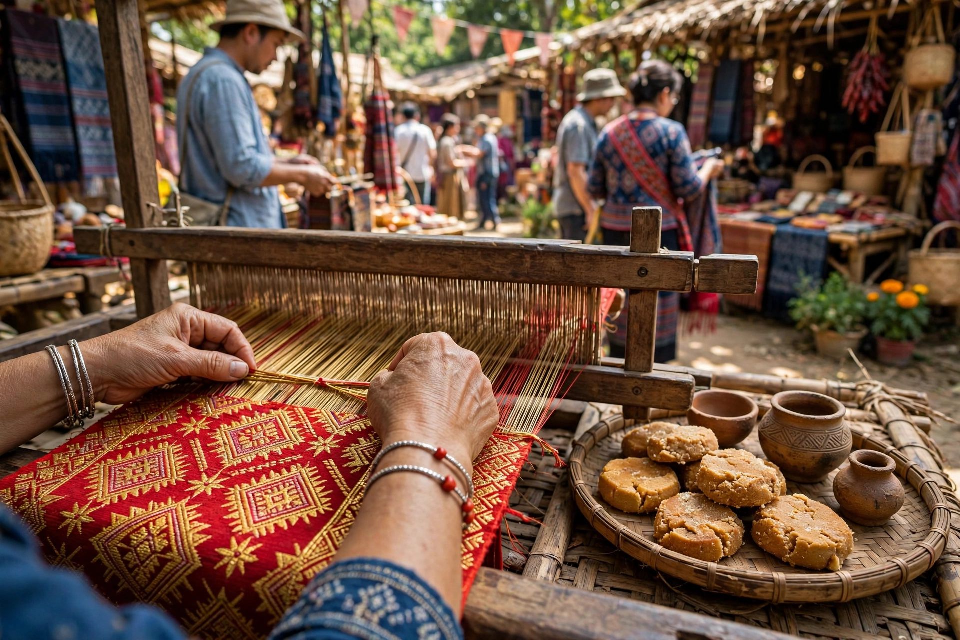 Nghệ nhân dệt thổ cẩm Chăm bên mẻ bánh gừng và gốm truyền thống tại không gian lễ hội Katê