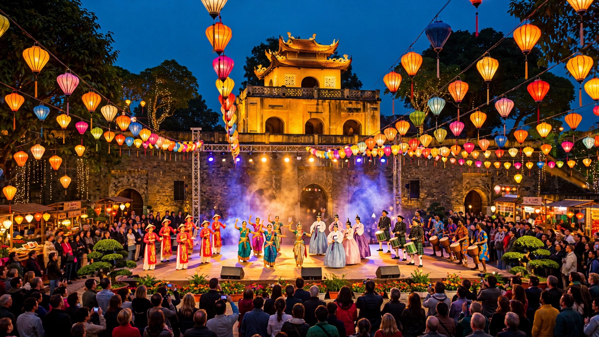 Ảnh minh họa: không gian lễ hội văn hóa quốc tế trong lòng di sản Hoàng thành Thăng Long vào buổi tối.